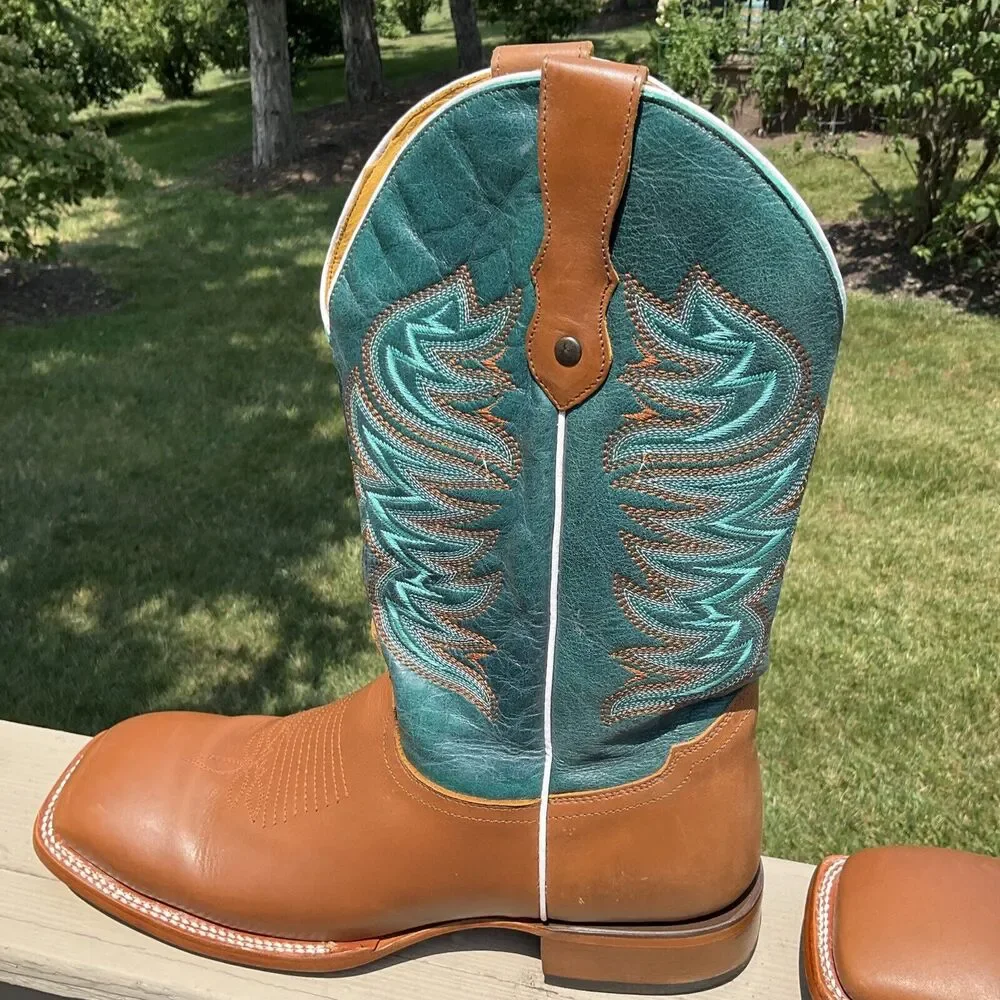 Alfa Western Wear Men's Cowboy Boots Square Toe Blue Green Leather Sz 12‎ Mexico
